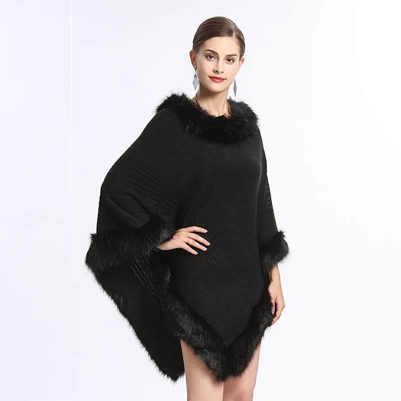 Women knitted poncho adult blanket scarf faux fur cape shawl winter wholesale mexican ponchos 2022