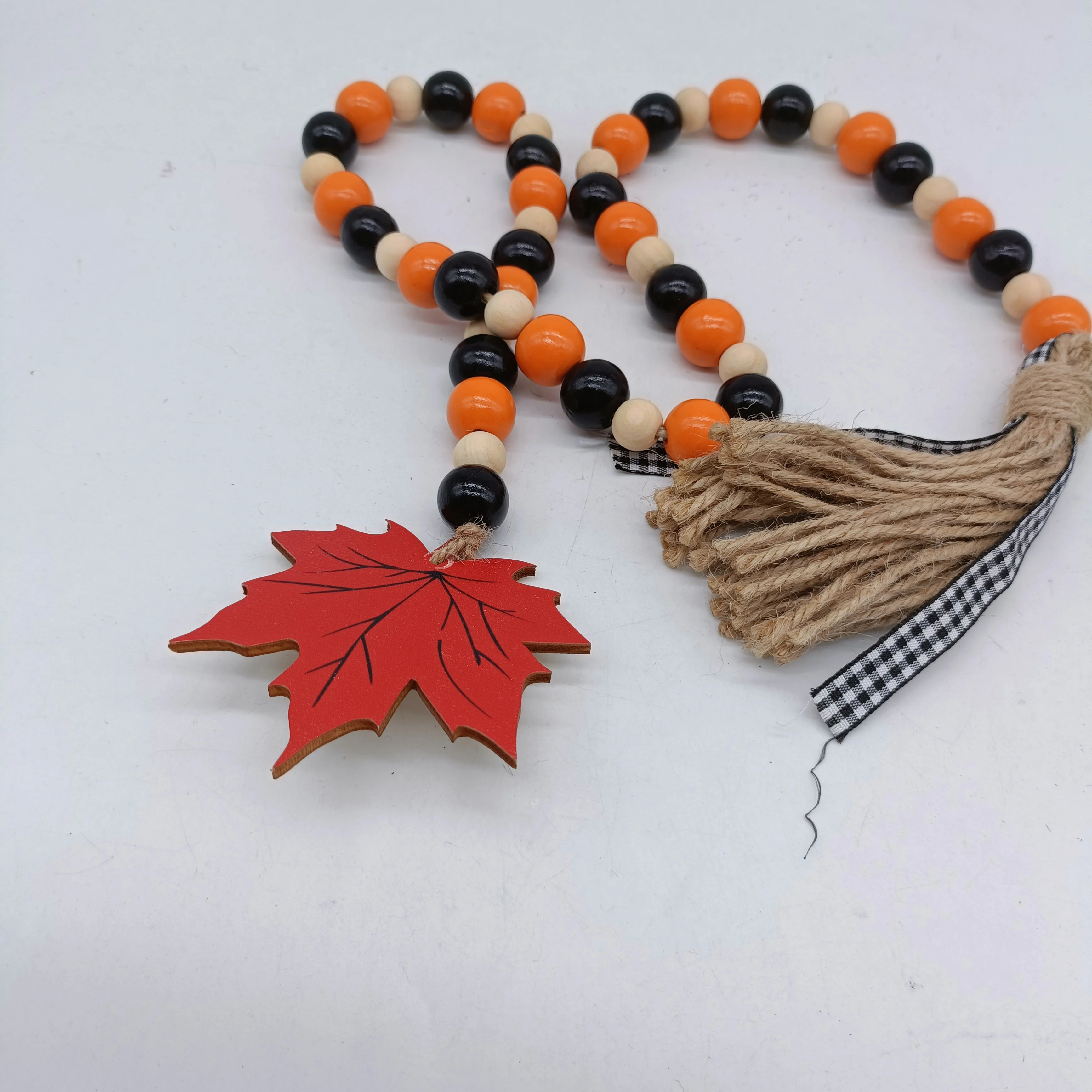 TaiLai Christmas Wooden Bead Garland with Christmas Tree Ornament Wood Bead Garland with Tassels Maple Leaf Tag Farmhouse Beads