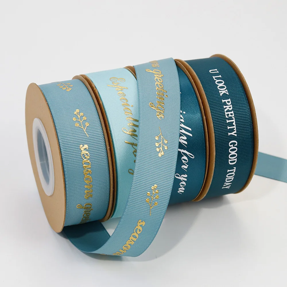 Custom Sized 22mm Blue Matt Satin Gold Foil Printed Grosgrain Ribbon With Logo Embossed