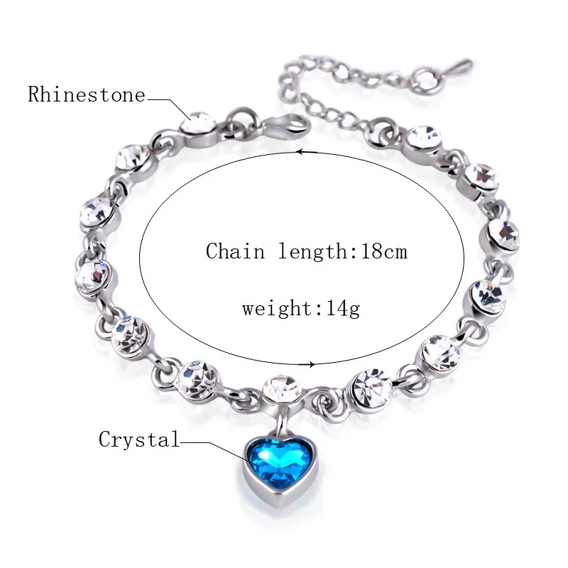 Hot Selling Heart Peach Crystal Bracelet Blue Love Heart Shaped Crystal Charm Link Bangle Bracelets For Women