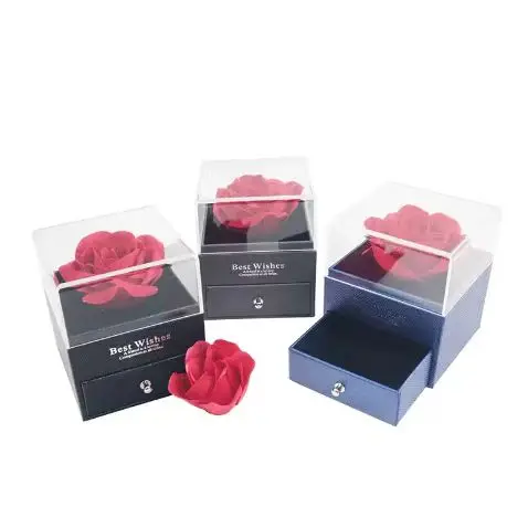 flower Valentine  Acrylic Eternal Roses Jewelry Gift Box stock Preserved Real Rose Flowers With Jewelry Box