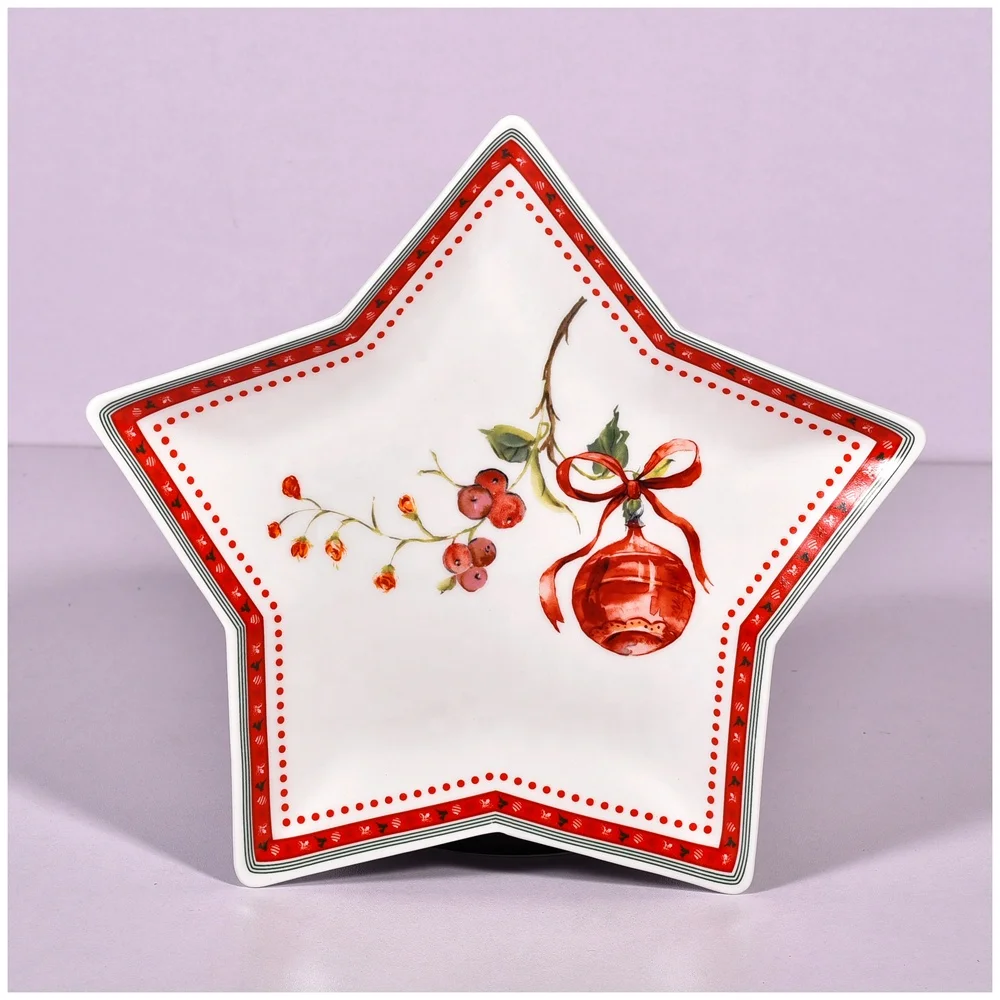 Factory prices Ceramic Christmas plate in Star shape -295mm with full decal porcelain