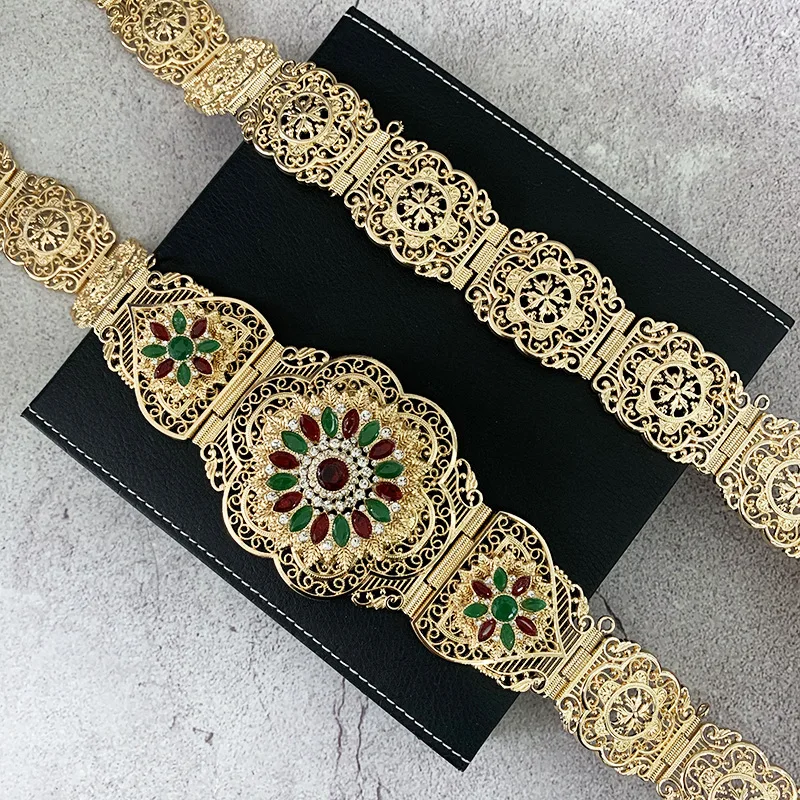 Morocco High Quality Jewelry Belt Women Dress Belt Gold Color Mintgreen Crystal Belly Chain Hollow Jewelry Gift Webbing Belt
