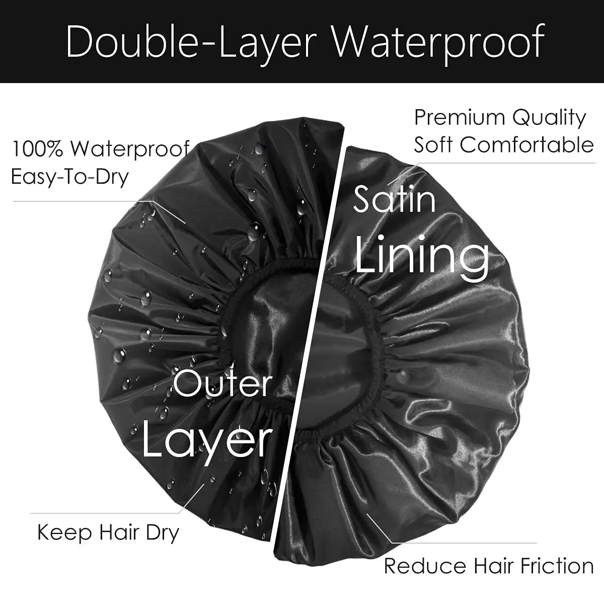 Extra Large Custom Shower Cap Double-Layer Waterproof Reusable XL Satin Lining Jumbo Shower Bonnet