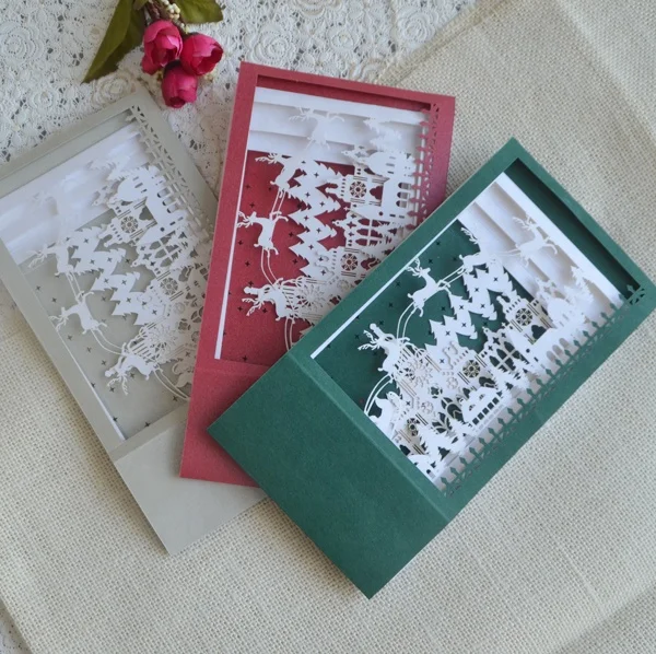 Personalised Laser Cut 3D Pop-up Greeting Card The Building And Reindeer Design for Winter Merry Christmas