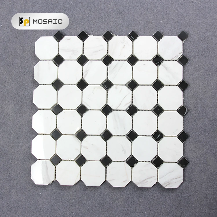 Black Dot Thassos White Marble Polished Mosaic Italian Carrara Marble Floor Tile Octagon Black and White Stone Mosaic 298*298mm