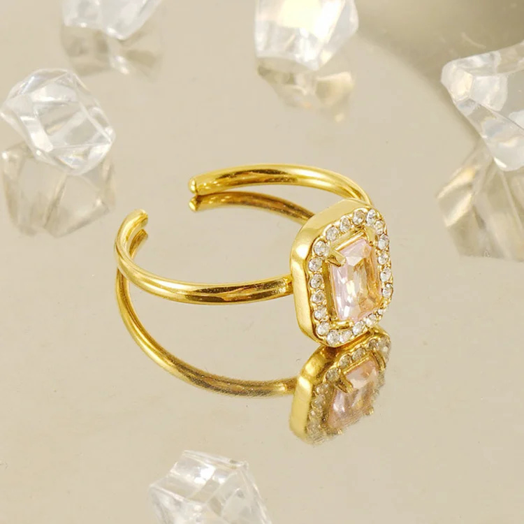 Stylish adjustable stainless steel rings stacking square citrine turquoise open ring 14k gold for girls