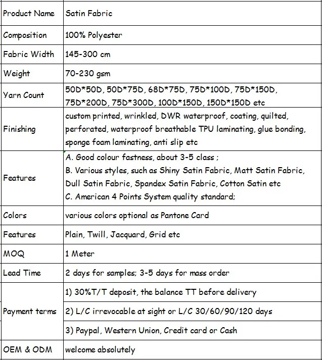 in stock high quality plain dyed polyester woven 75D*300D matt satin silk fabric