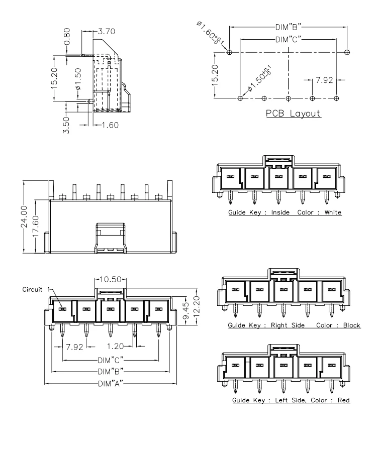 Right Angle 7.92mm Pitch Wire to Board Connector Header 1 2 3 4 5 Pin PCB Wire to Board Connector