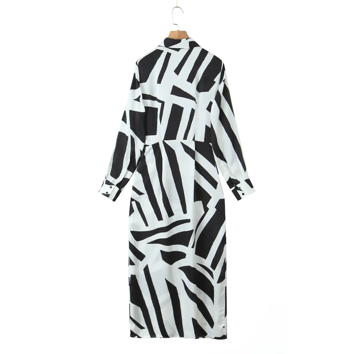 Turn down collar black white color print long sleeve side bow tie casual fashion shirt dress for women