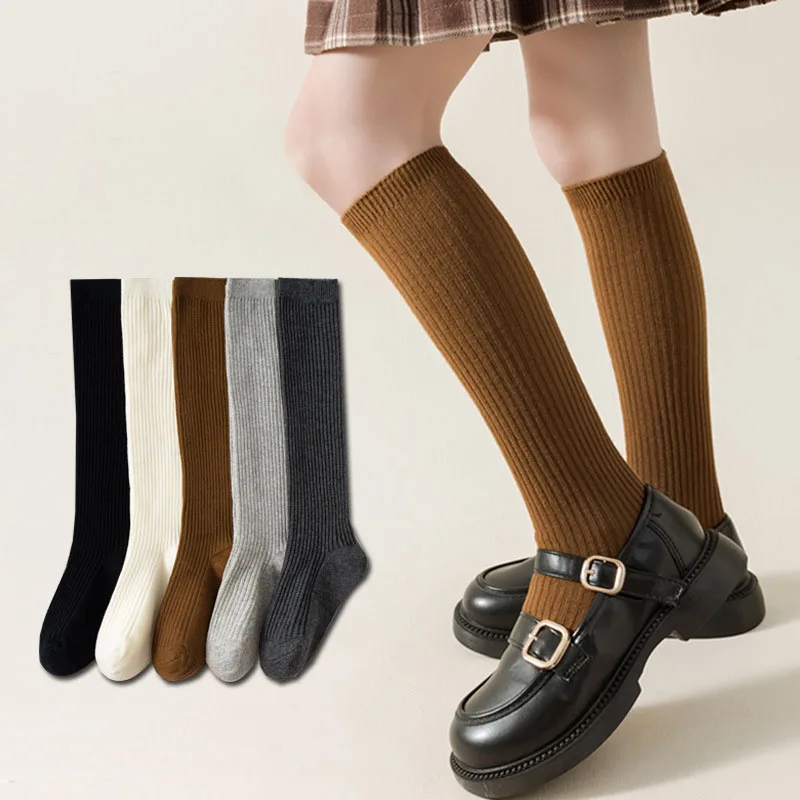 Детские чулки для девочек, однотонные хлопковые носки с двумя иглами, Колготки в студенческом стиле