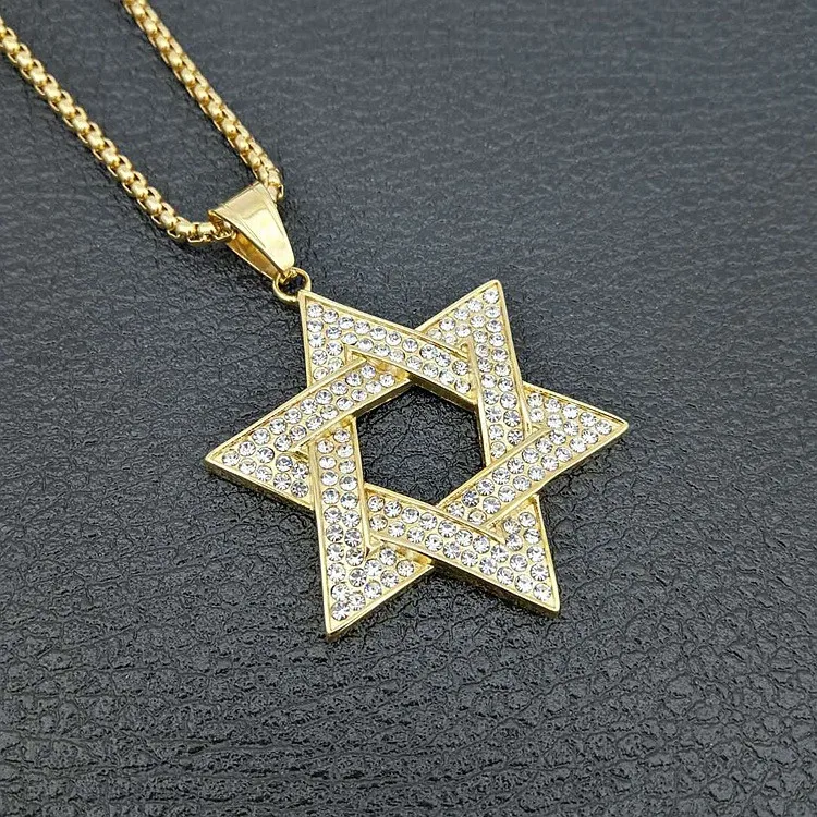 Unisex Hip Hop Gold Plated Pave Diamond Stainless Steel Star of David Pendant Necklace