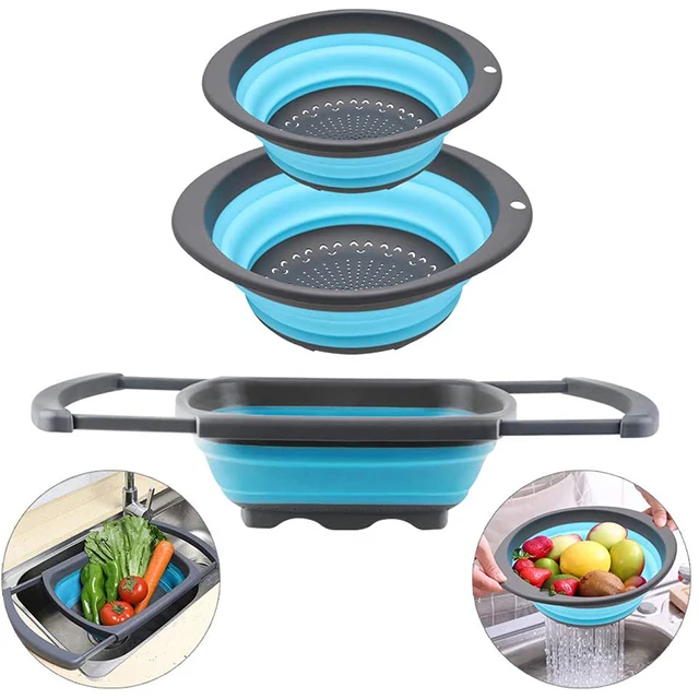 Kitchen Strainers With Extendable Handles 3pcs Collapsible Silicone Colanders And Strainers