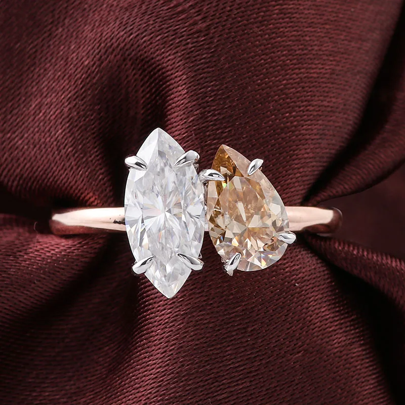 Toi et moi ring claw prong setting white and champagne loose moissanite diamonds ring in 14k 18k