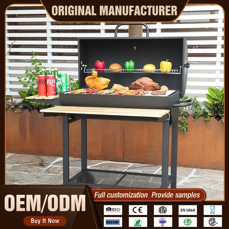 Custom Outdoor Bbq Smoker Grill Barrel Backyard Patio Charcoal Barbecue Grill With Side And Front Table
