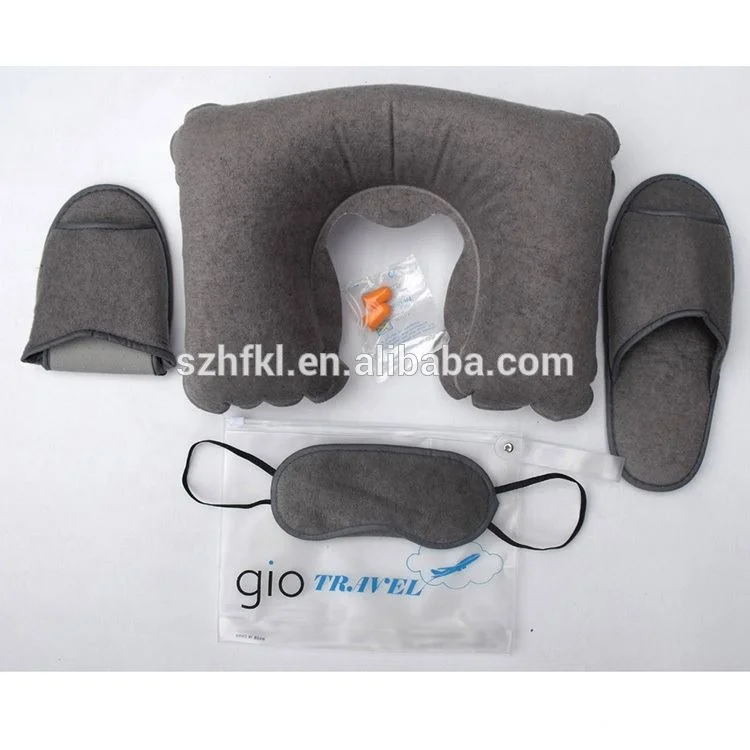 5 in 1 portable inflatable travel kit with neck pillow, eye mask, earplug, slipper, pvc bag