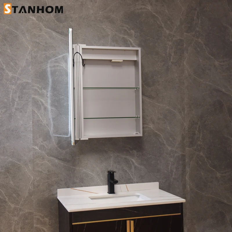STANHOM Luxury Storage Automatic Anti Fog Vanity Mirror Cabinet for Bathroom Toilet Bedroom