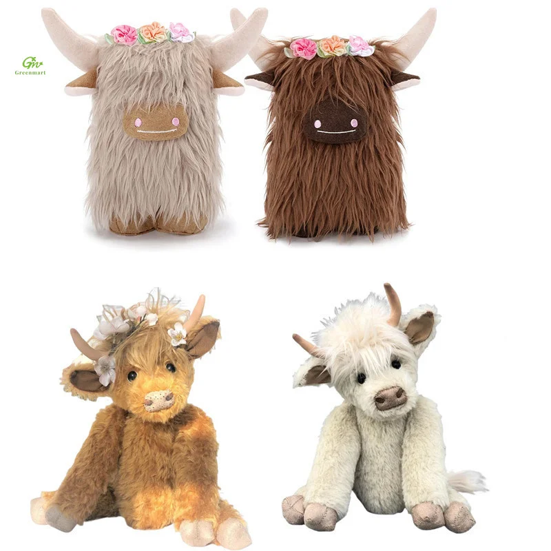 Greenmart 2024 Custom Made Highland Cow Stuffed Animal Toy New Plush Doll Crochet Cow Sitting Animal Green Gift PP Filling