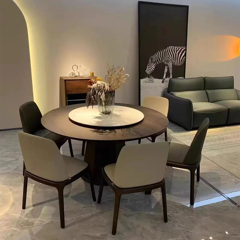 Home Furniture Nordic Solid Wood Frame Round Creative Luxury Dining Table With Turntable Slate Tabletop