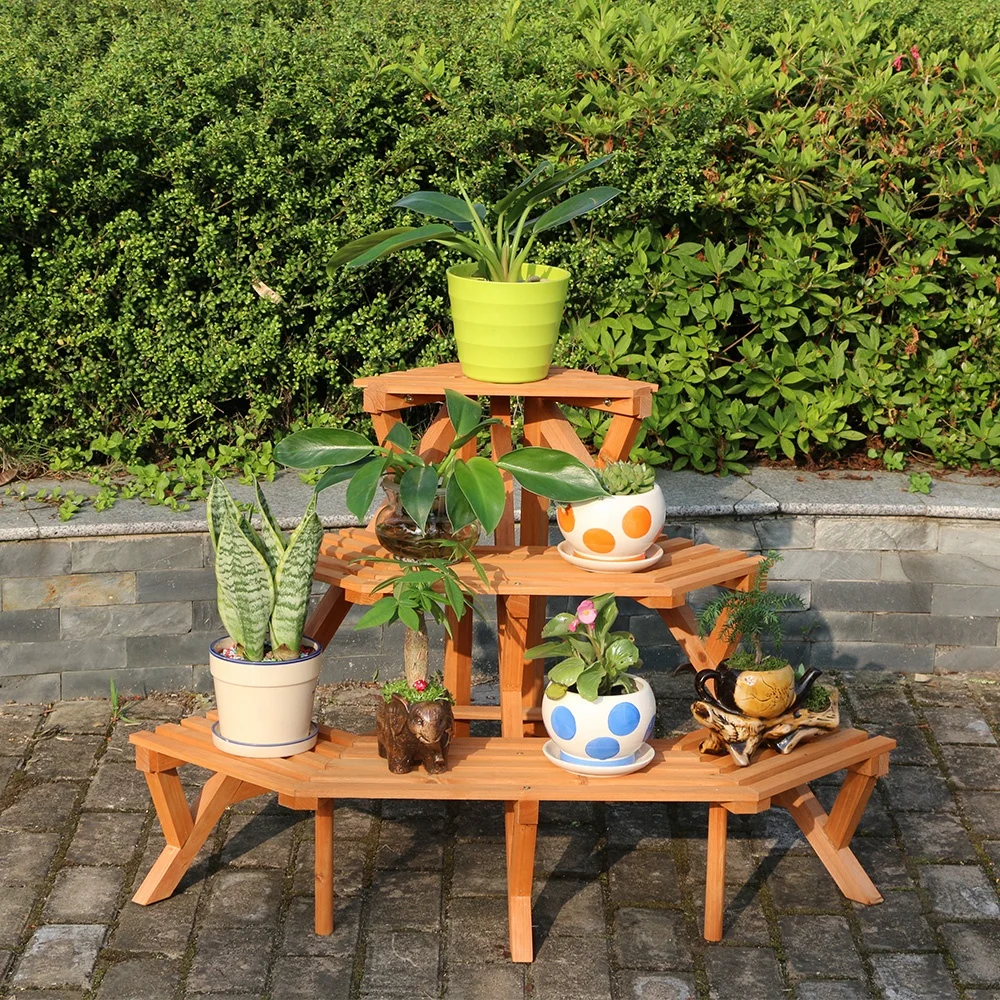 Hot sale outdoor garden plant shelf wooden plant rack corner flower pot display plant stand