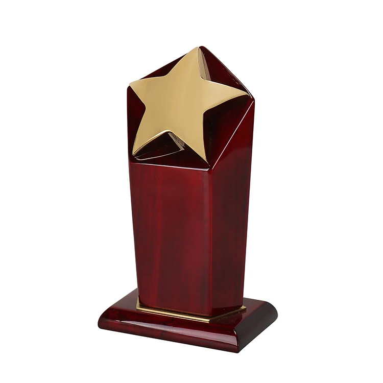 Trophy award custom Rosewood stained Piano Finish Base Polished Metal Goldtone Star Casting Awards