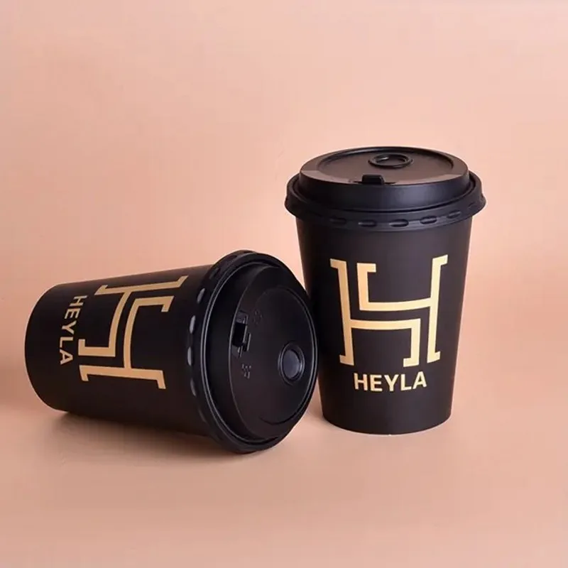 Factory Customize 8oz/12oz/16oz black hot drink paper cup single wall disposable paper coffee to go cup with Lid