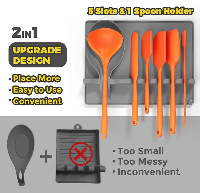New Silicone soup spoon holder 2 in 1  Silicone Spoon Rest for Stove Top, Upgraded Utensil Rest with Drip Pad Include 5 Slots &