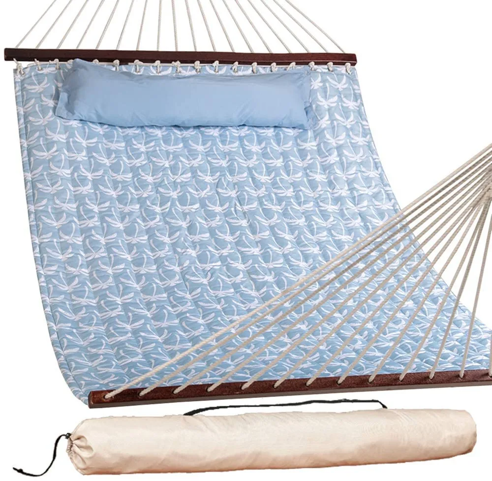 11 Feet Quilted Fabric Hammock with Pillow Double 2 Person Hammock with Bamboo Spreader Bars Perfect for Outdoor Outside Patio