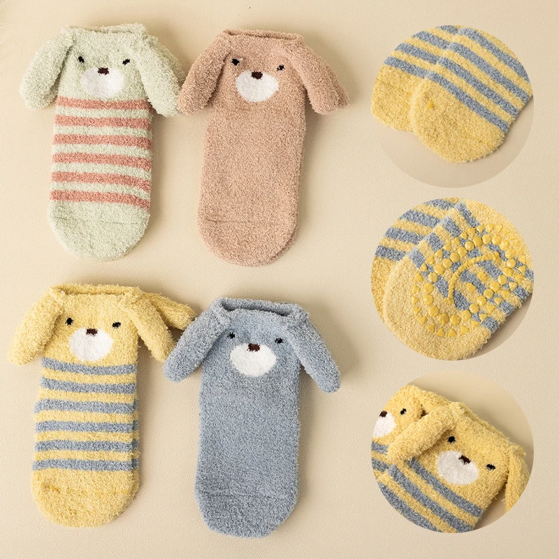 Baby fuzzy girls puppy ear socks newborn infant toddler fluffy stripe warm socks with ears