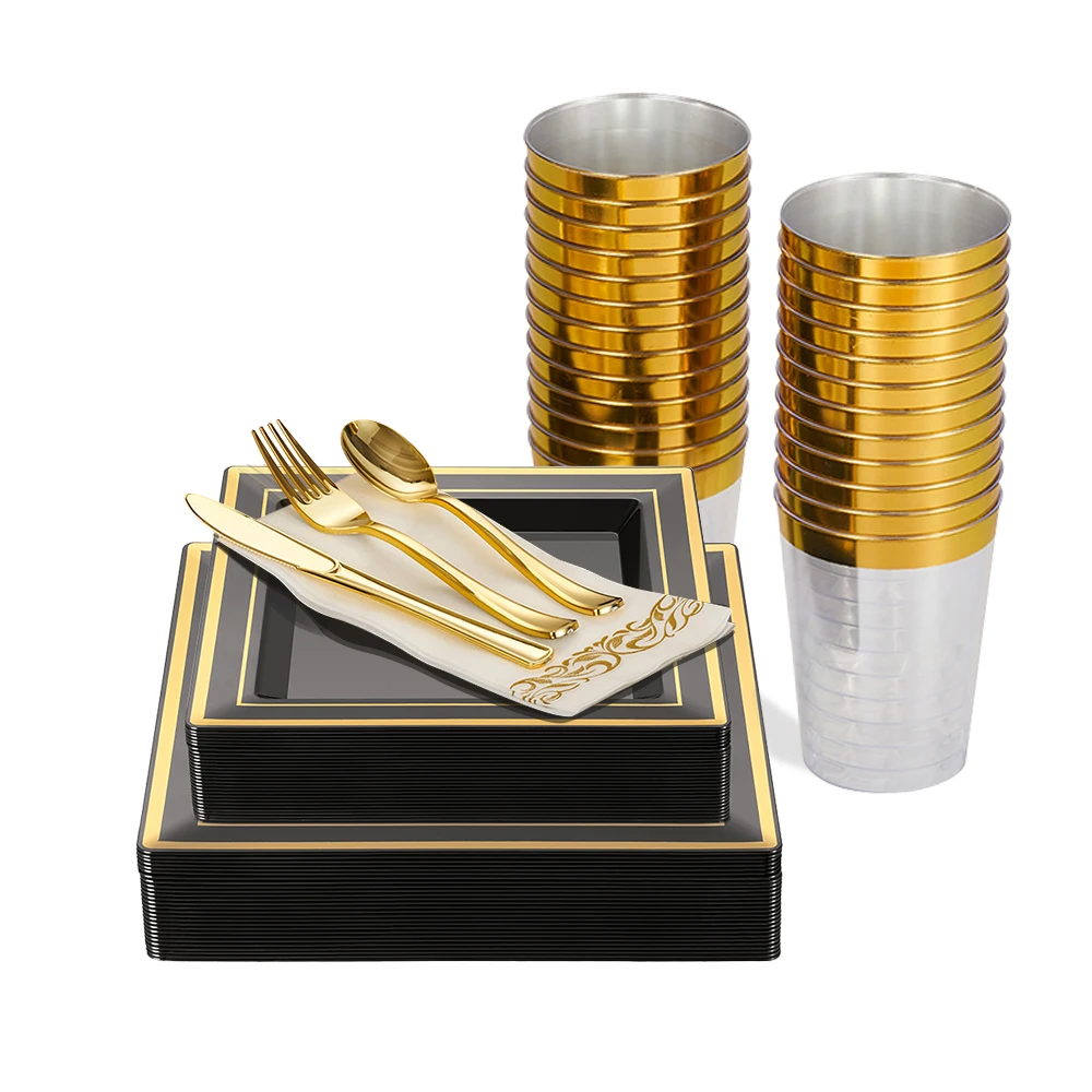 Cheap golden rim decorative wedding party disposable square plastic plates and cutlery