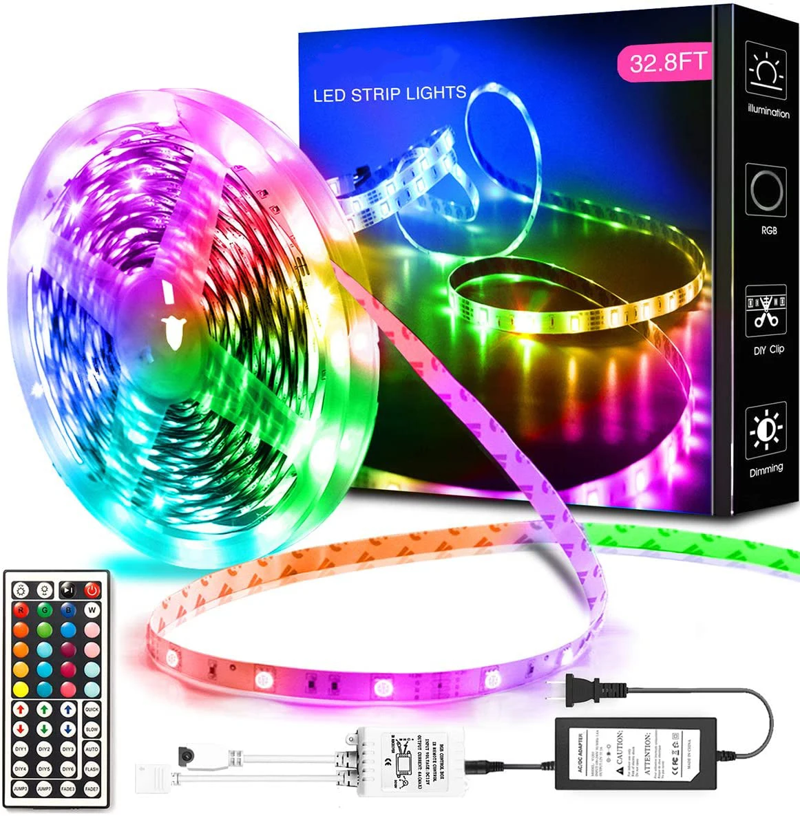 
32 ft 5050 RGB Color LED Lights Strip Dimmable Waterproof with Remote for Bedroom TV Party and Home Decoration Ceiling 