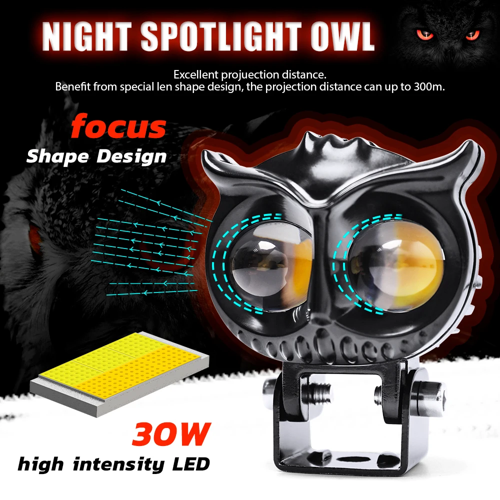 OWL 2.8' inch 12v 24v 3000LM High low beam Spot auxiliary fog light Dual Color yellow ATV UTV Mini motorcycle Led work light