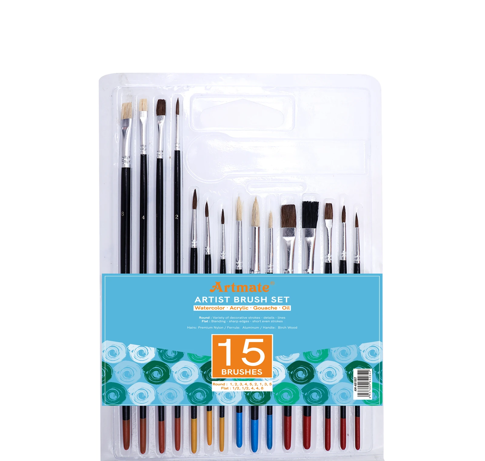 Artmate Art Paint Brushes Set 15pcs for Acrylic Watercolor Oil Gouache Painting,Painting Brush Set,Paint Brush