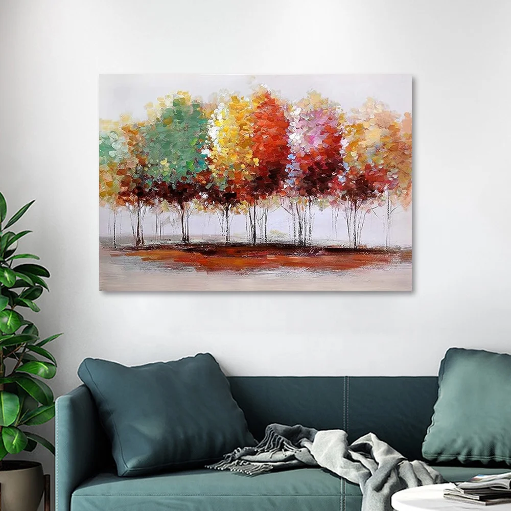 Tree canvas print wall art home decor, large colored tree branch oil paintings, living room bedroom hand-painted forest pictures