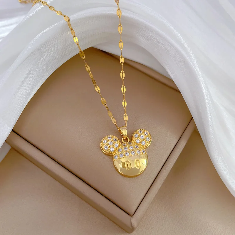 Stainless Steel Chain Necklace Full Of Diamonds Cute Mouse Mickey Pendant Necklace For Women