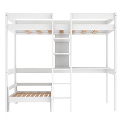 Convertible Loft Bed with L-Shape Desk, Twin Bunk Bed with Shelves and Ladder for Boys and Girls, White