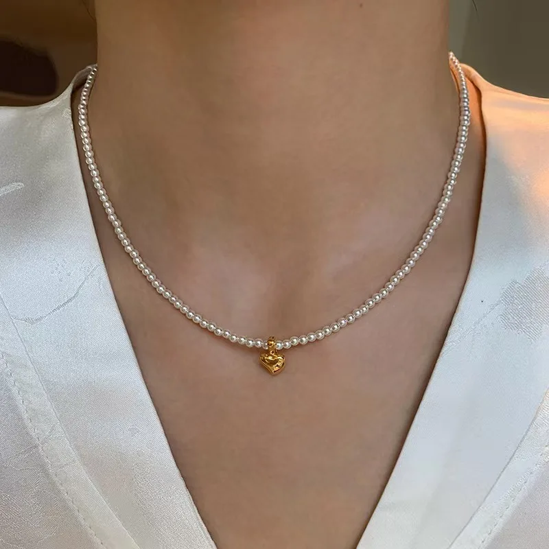 Fashion 3mm high-grade imitation pearl necklace love heart gold bead pendant necklace