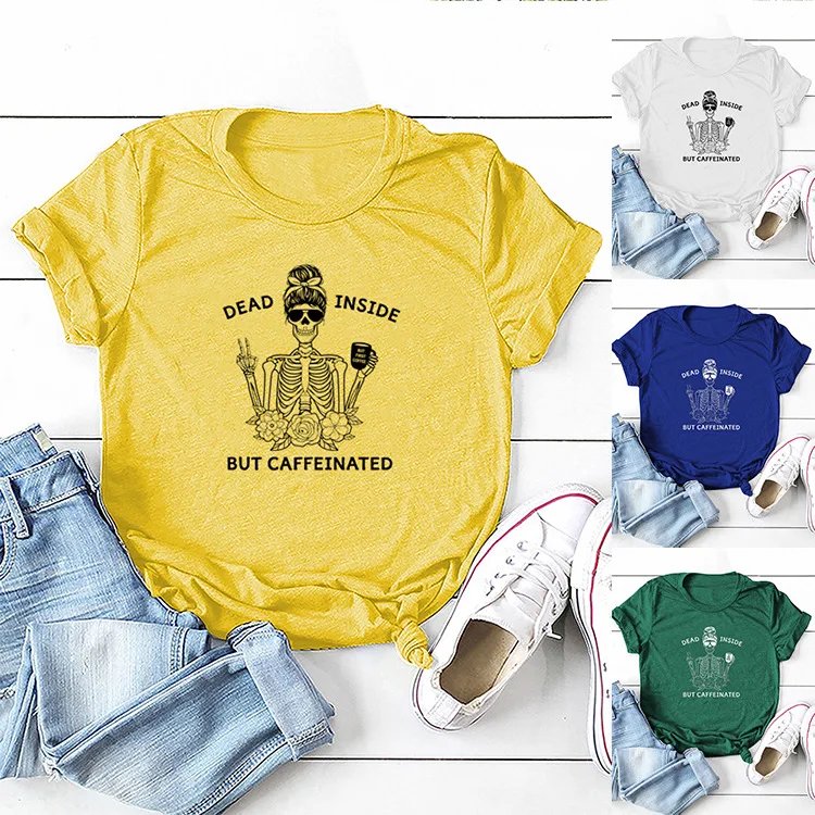 2024 Horrible Fearsome Fashion Tee Women Human Skeleton Print Small O Neckline Loose Stylish Commuter Sports Style Graphic Tee