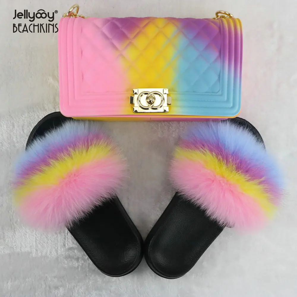 Jellyooy BEACHKINS Matte Rainbow Jelly Bag With Fox Fur Slides Sets Purse Bag Match Colorful Fluffy Fur Slippers Sandals