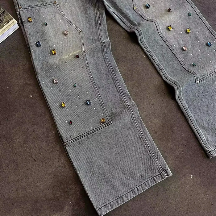 Custom Designer High Waist Rhinestone Oversized Wide Leg Acid Wash Distressed Baggy Carpenter Flare Jean Pant Denim Jean for Men