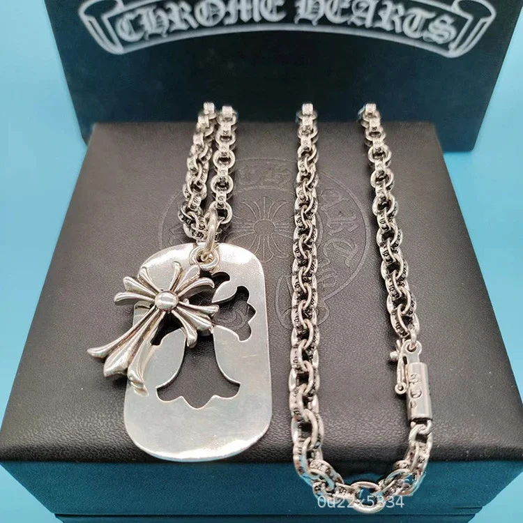 Vintage chrome heart necklace jewelry Cross pendant long cross double pendants retro Thai silver necklace for man