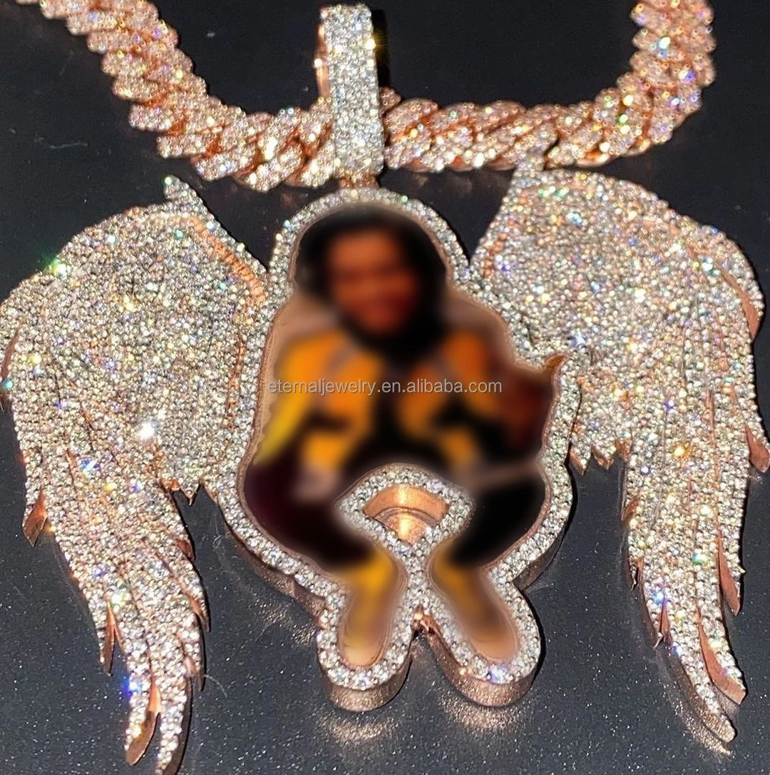 100% Passed Diamond Tester Custom Angel Wings Photo S925 Silver 10k 14k 18k Solid Gold Iced out VVS Moissanite Memory Pendant