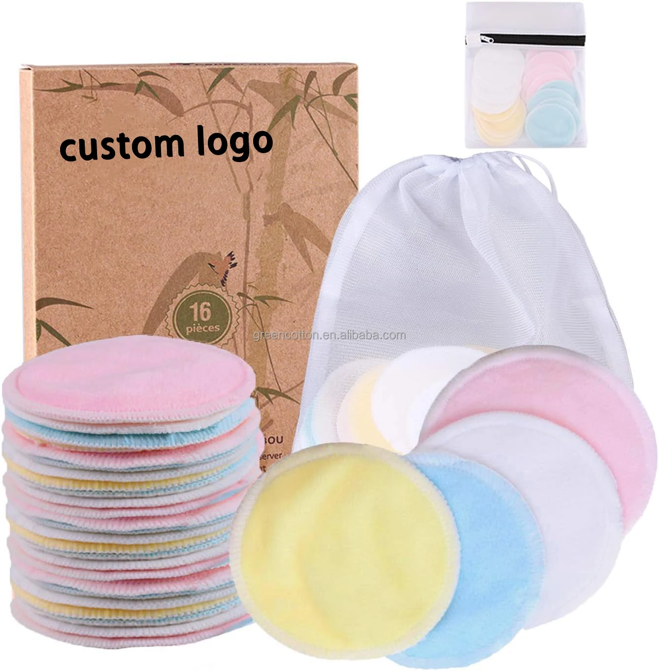 Custom Logo Reusable Makeup Remover Pads (16 Pack) Reusable Bamboo Cotton Rounds Eco-Friendly Reusable Cotton Pads for All Skin