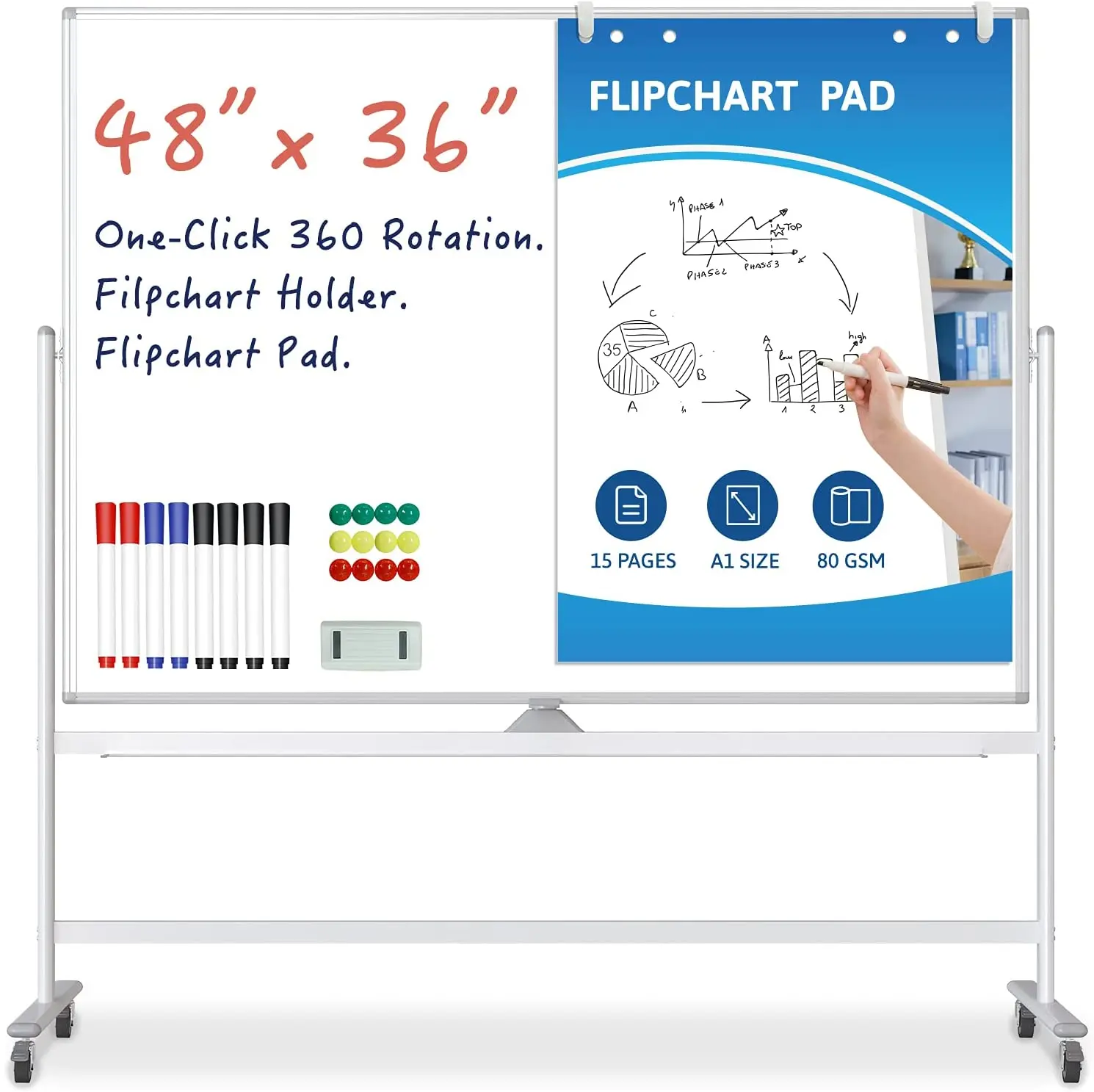 Large Mobile Magnetic White Board With Stand Double Sided Dry Erase Portable Whiteboard