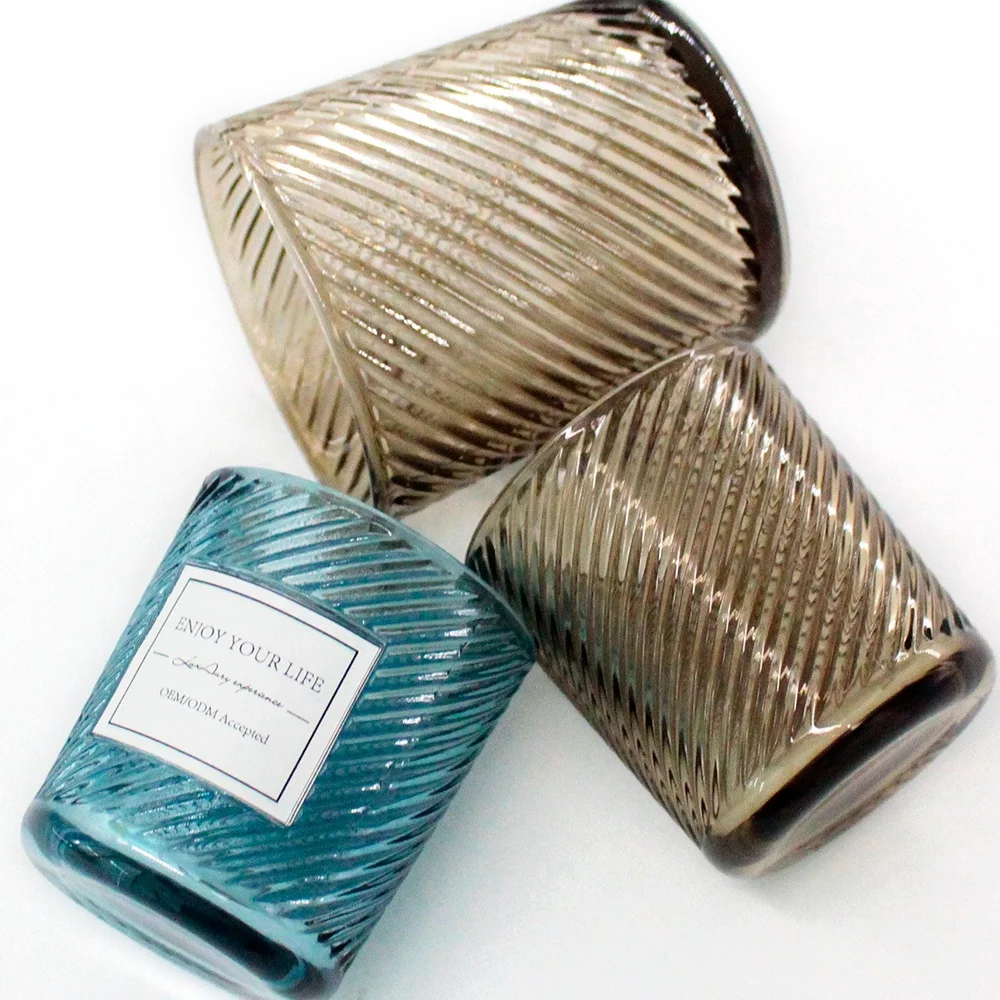 LANGXU translucent blue gray amber cylinder arc round bottom glass 12oz embossed candle jar with custom lid acacia lid