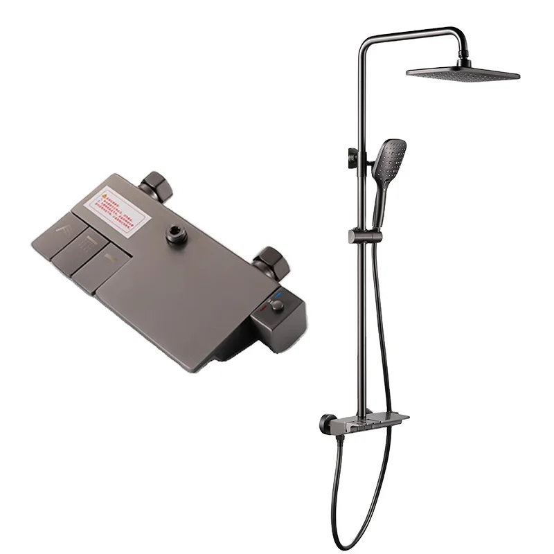 Shower Sliding Bar Bathroom Wall Mounted Black Thermostatic Square ABS Shower Head Bath Shower Mixer