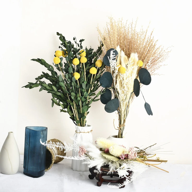 Amazon Top Seller Golden Ball Craspedia Eucalyptus Wedding Decoration Dried Flower Bouquet