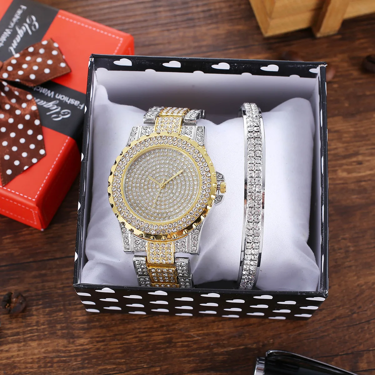Luxury Bling Full Crystal Rhinestone Tennis Chain Bracelet Watch Set Iced Out Zirconia Diamond Sets