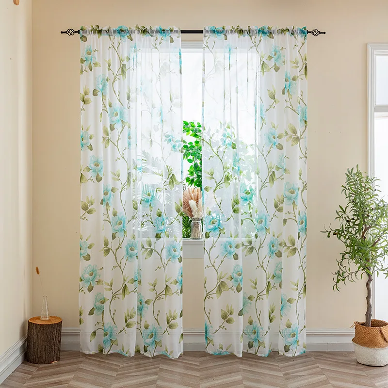 Amity Breathable Fluttering Flower Butterfly Printed Windows Curtains Bedroom Perforated Sheer Curtains For Home Living Room
