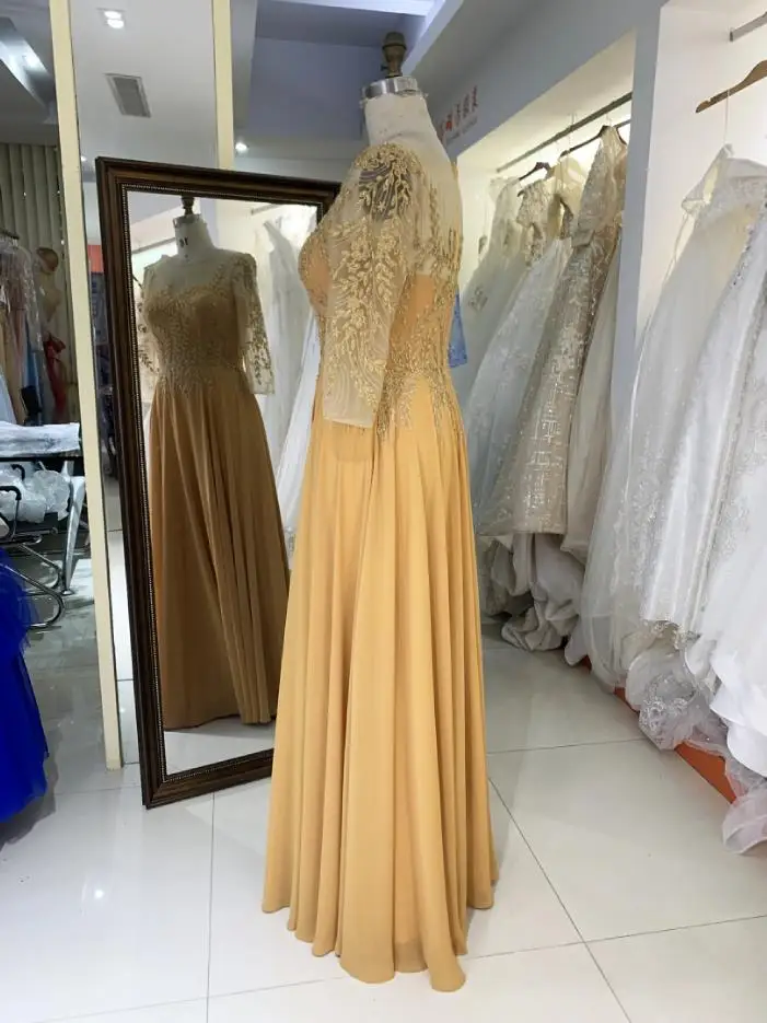 Mustard plus size Embroidery beading long sleeve full back chiffon A line skirt mother of the bride evening dresses for wedding